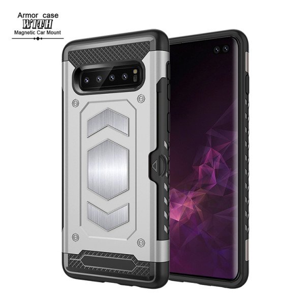 Wholesale Galaxy S10+ (Plus) Metallic Plate Case Work with Magnetic Holder and Card Slot (Silver)